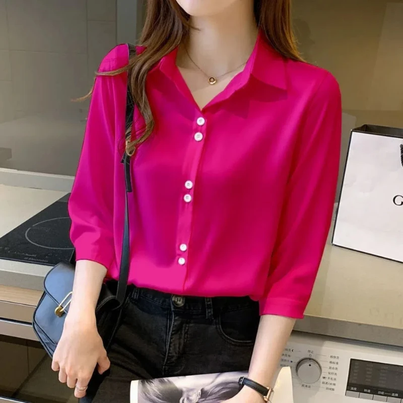 Fashion Minimalist Summer New Chiffon Blouses Women\'s Polo Collar Solid Color Cardigan Button All-match Loose 3/4 Sleeve Shirts