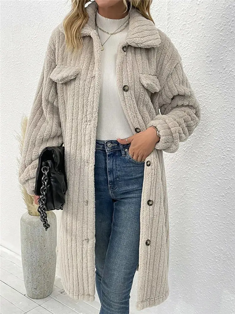 Women Winter Faux Fur Sweater Luxury Striped Sherpa Fleece Long Cardigan Vintage Lapel Robe Warm Puffy Coat