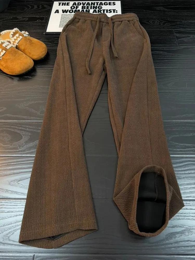 Thickened Knitted Straight Leg Pants Men's Casual Warmth Retro American Style Autumn Winter Leisure Trousers Straight Tube