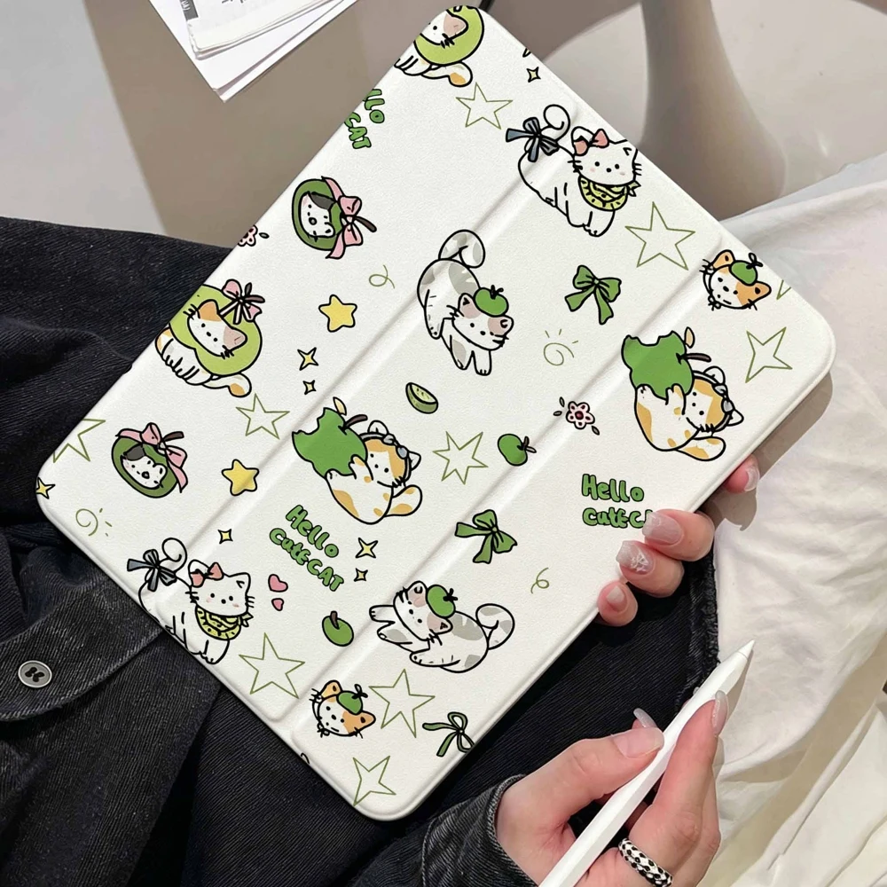 Green Apple Cat For iPad Pro 11 12.9 13 A16 M2 M4 M3 M5 9.7 10.2 5/6/7/8/9/10/11th Mini Air 3 4 5 6 Tablet Case