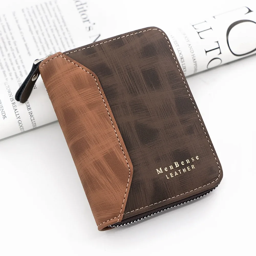 

Sewn PU Leather Short Zipper Wallet Button Retro Frosted Billfold Holder Solid Color Zipper Men's Coin Purse Shopping