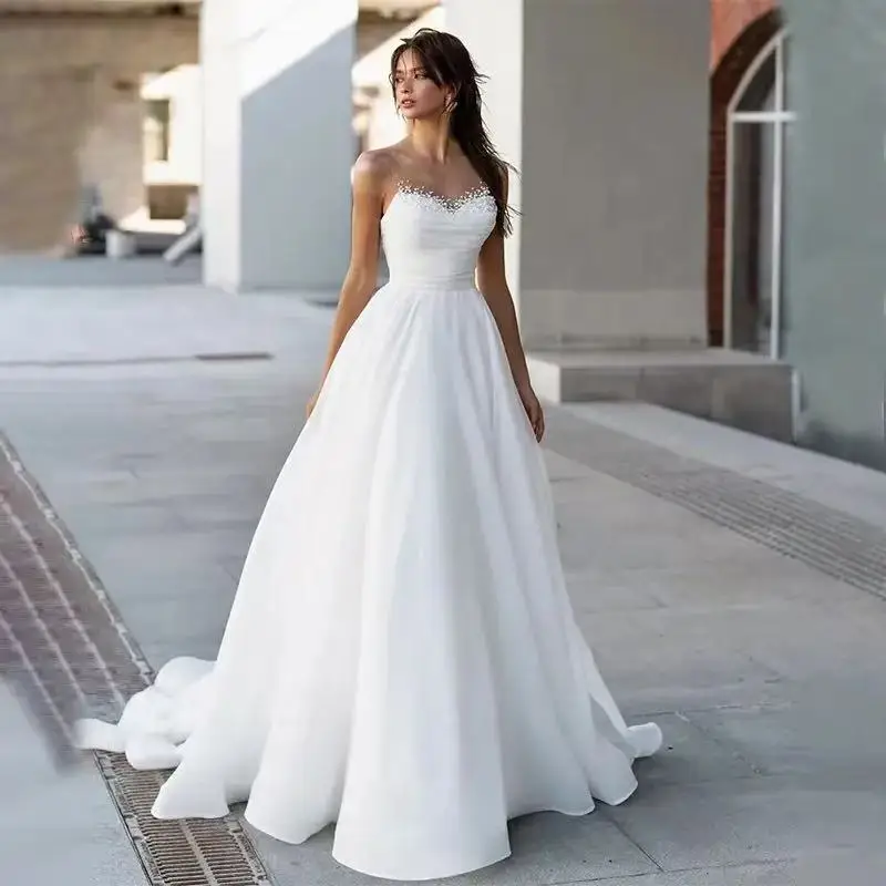 

Customized Luxury Sweetheart Neckline Boho Wedding Dresses High Slit Appliques Sleeveless A-Line Bridal Gowns Robes