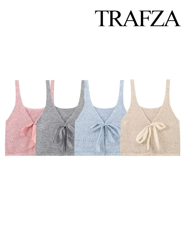 TRAFZA Autumn Women Simple Sweet Bow Ribbon Decoration Sleeveless Solid Knitted Vest Female Casual Fashion Versatile Short Top