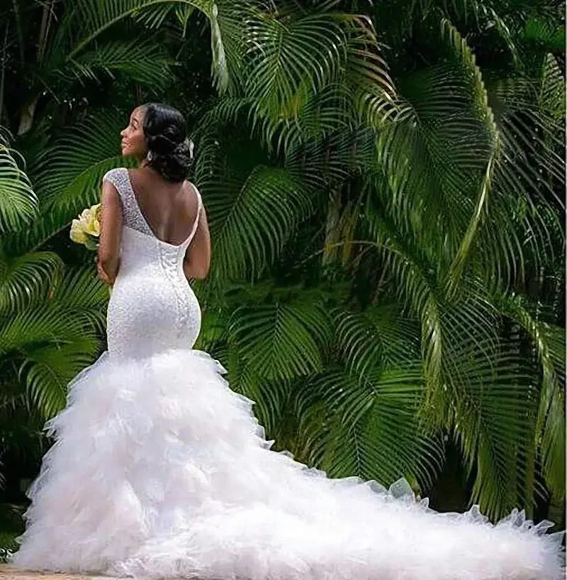

Customized Mermaid African Plus Size V Neck Full Beaded Tulle Bridal Dress Wedding Gown Robe De Mariage