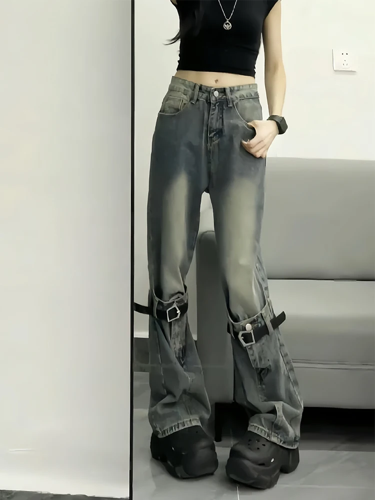 

Мужские джинсы Waed Vintage с высокой талией и поясом, летние, в стиле High Street, слегка расклешенные, американский повседневный стиль, прямые штанины...