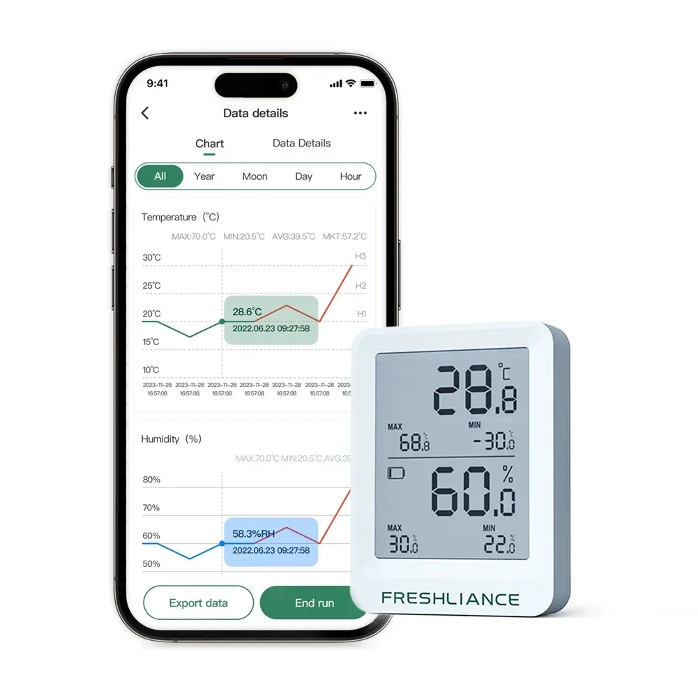 BT Temperature Humidity Recorder Fruit Cold Storage Coldchain Transportation Temperature Logger APP Control 65000 Data Storage