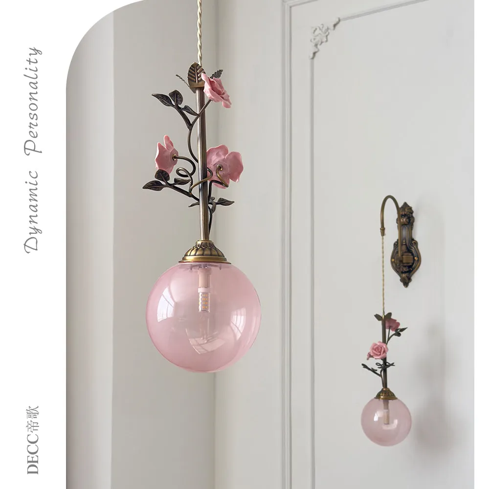 French Bedside Led Pendant Light Pink Rose Flower Home Decoration Living Room Bedroom Dining Room Staircase Lighting Fixtures