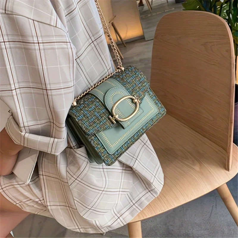 

Chic Mini Plaid Tweed Crossbody Bag with Adjustable Strap, Fashionable Buckle Closure - Available in Cream, Green, Blue, Black