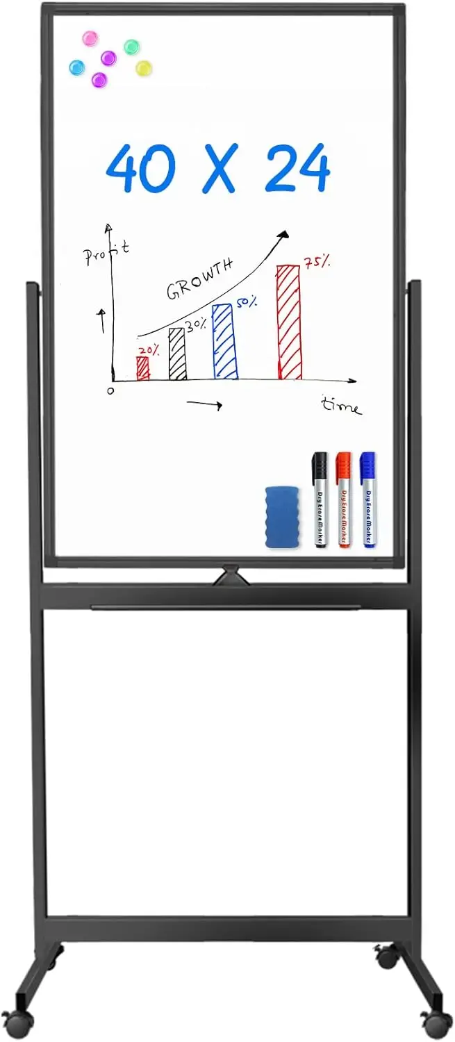 

Двусторонняя магнитная доска для сухого стирания 40 x 24 дюймов на колесиках с алюминиевой рамой для дома, офиса, класса, черная