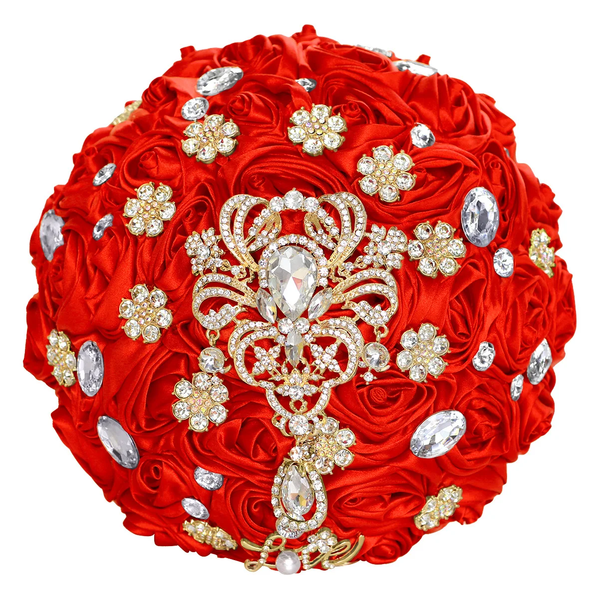 Ramo de boda rojo para novia y dama de honor, flor de sujeción de perlas de diamantes de imitación dorados, decoración de fiesta de boda, venta al por mayor, gran oferta