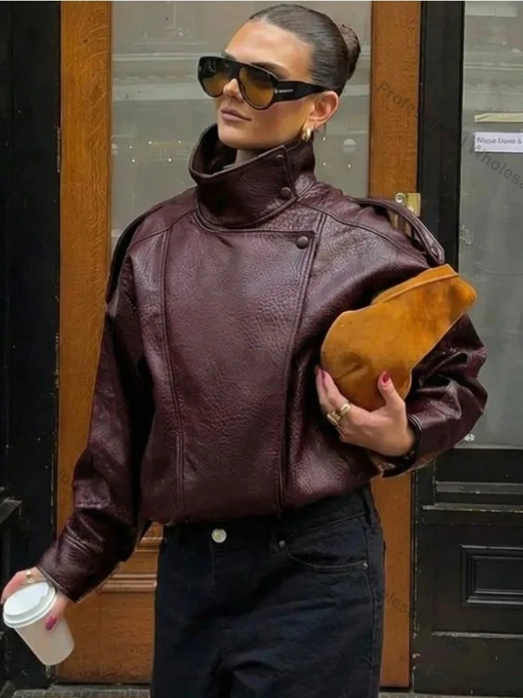 Women's Faux Leather Jacket Y2k Faux Leather Jacket Casual PU Jacket Motorcycle StyleLeather Trench Coat Pebble Fall Personality