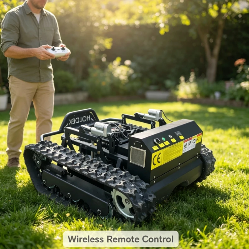 Remote Control Lawn Mower With Engine And Rubber Tracks For Slope And Orchard Grass Cutting