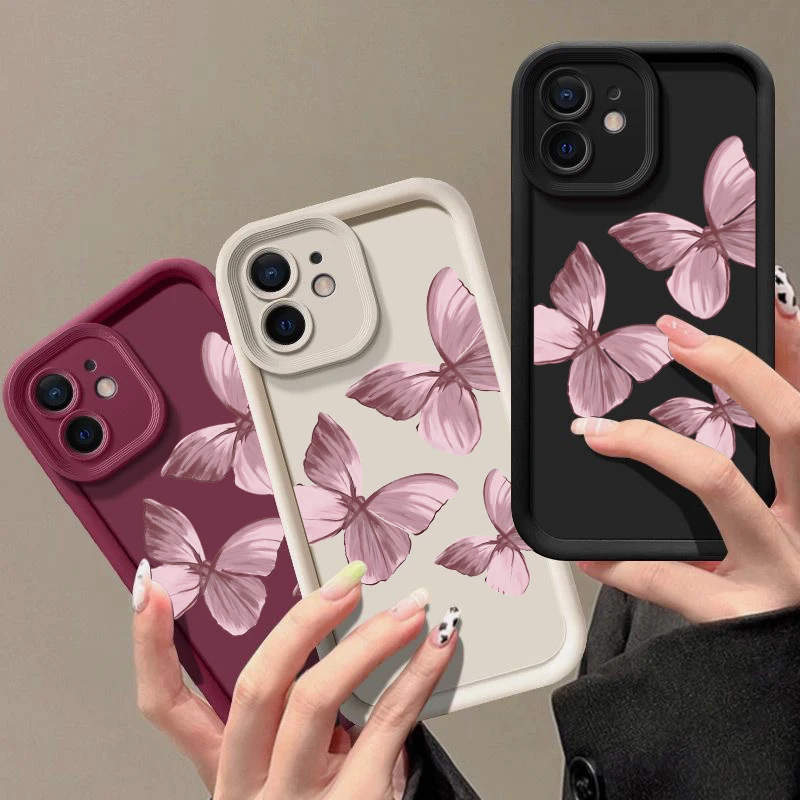 Pink Gradient Butterfly Silicone Case For iPhone 16 14 15 Pro Max 11 12 13 Pro Max 15 Plus XS X XR SE 7 8 Shockproof Phone Cover