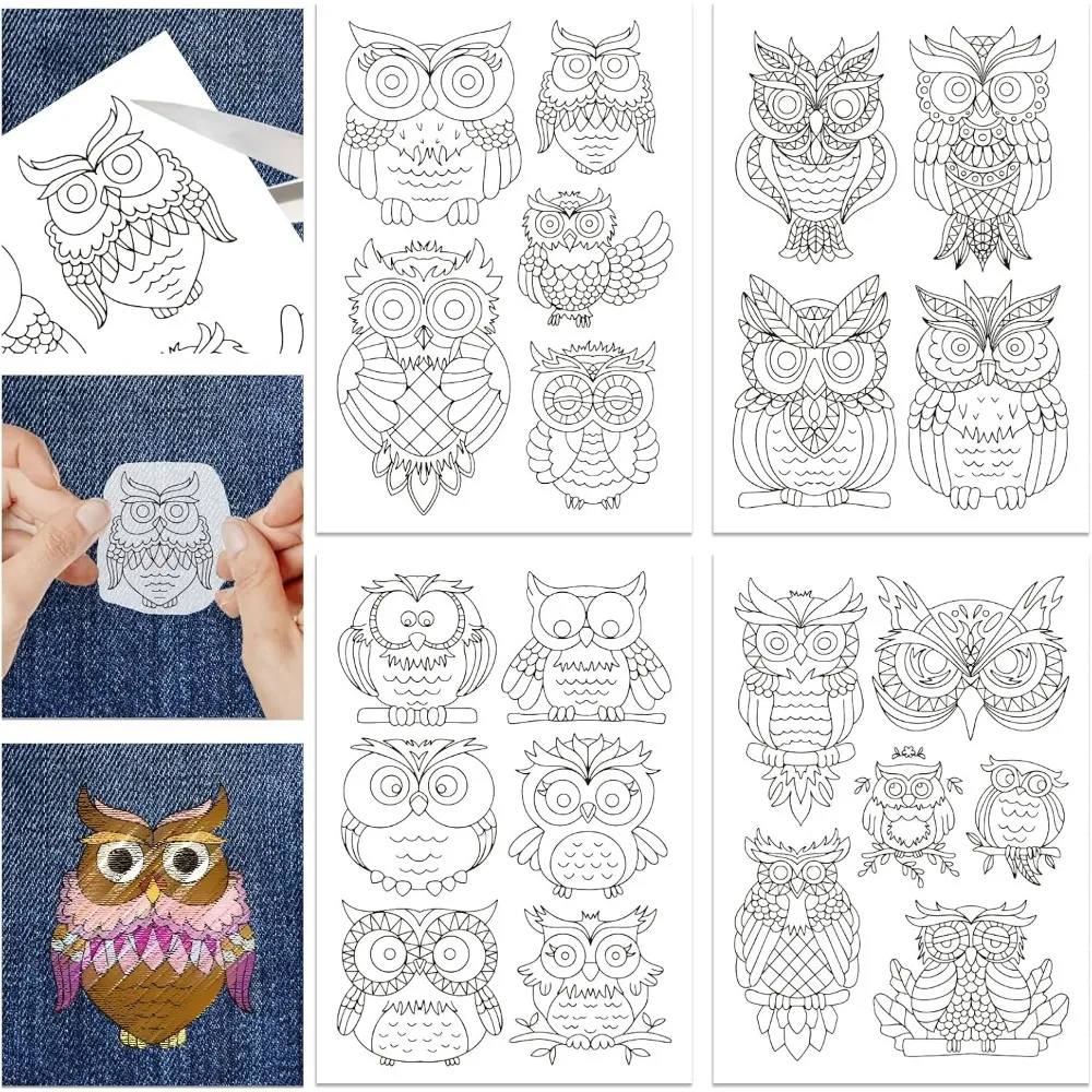 4 Sheets Owl Pattern Water Soluble Embroidery Hand Sewing Stabilizers for Fabric Stitch Practice Embroidery Stickers Wash Away