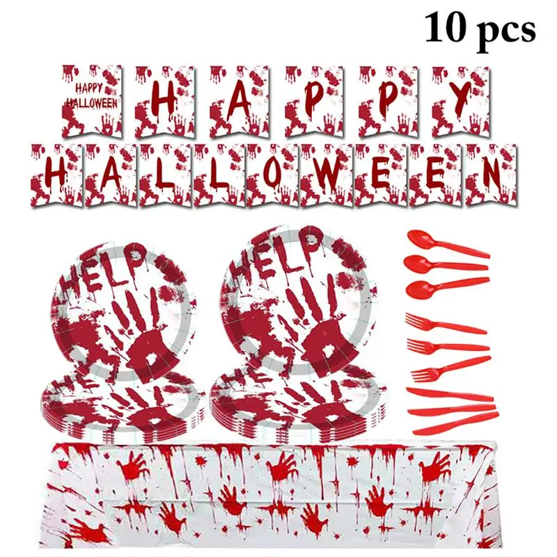 

10Pcs Halloween Red Scary Blood Handprint Disposable Tableware Paper Cup Paper Plate Tablecloth Halloween Party Decor Supplies