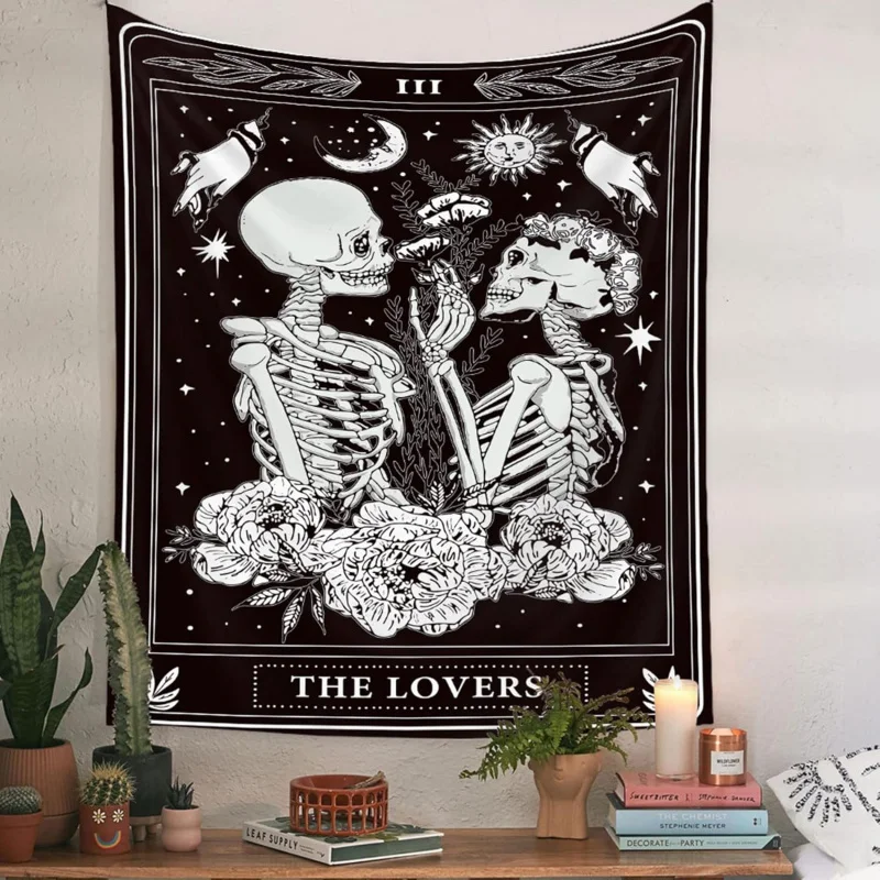 VIKAMA Wandteppich mit Totenkopf-Paar-Motiv, für Wohnzimmer oder Schlafzimmer, waschbare Wanddekoration, Valentinstag-Party-Heimdekoration
