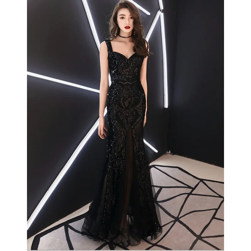 Evening Dresses Black Sequins Stretchy Sgaphetti Straps Zipper Back Mermaid Trumpet Floor Length Women Party Formal Gowns YE010