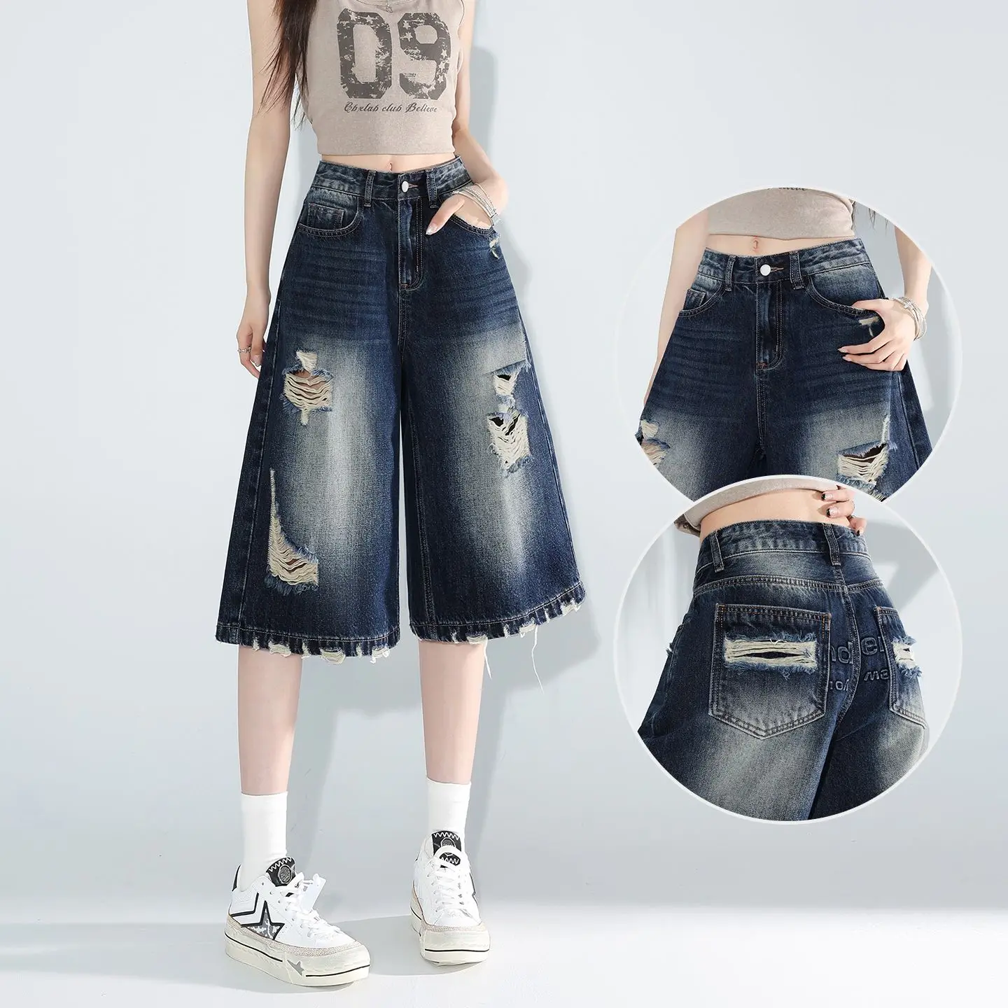 Summer Retro Blue Fringed Ripped Seven-point Wide-leg Jeans Women's High-waisted and Casual Fashion Versatile Straight-leg Pants