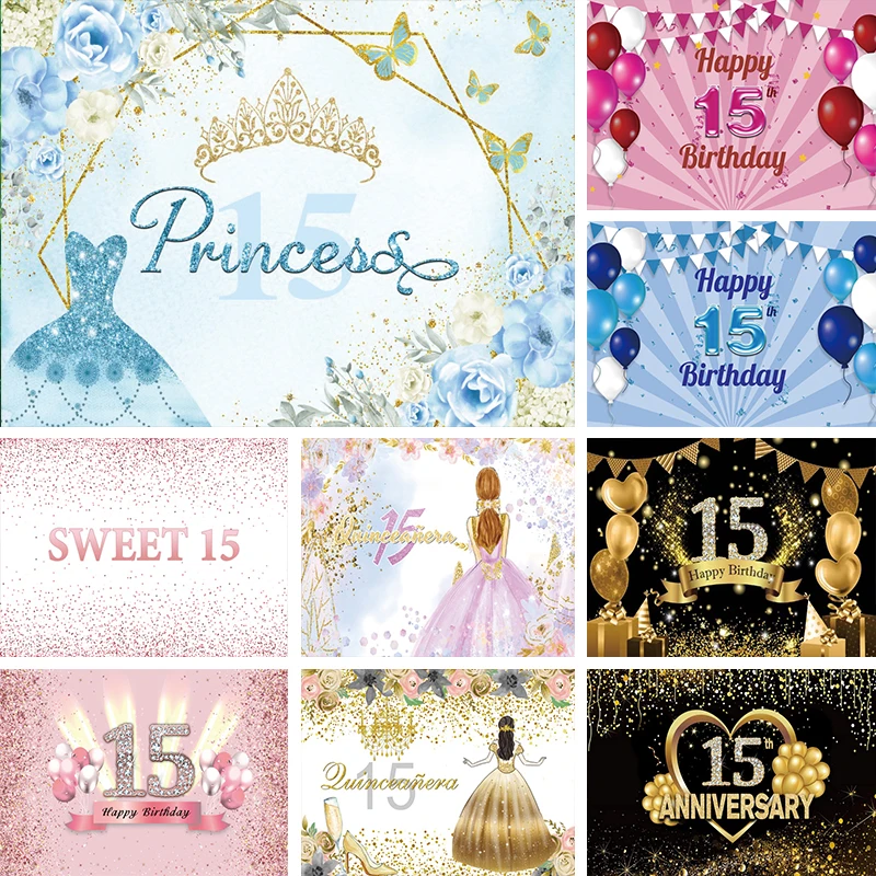 

Quinceanera 15th Birthday Backdrop Sweet 15 Years Girls Birthday Party Photo Background Flowers Crown Princess Decoration Banner