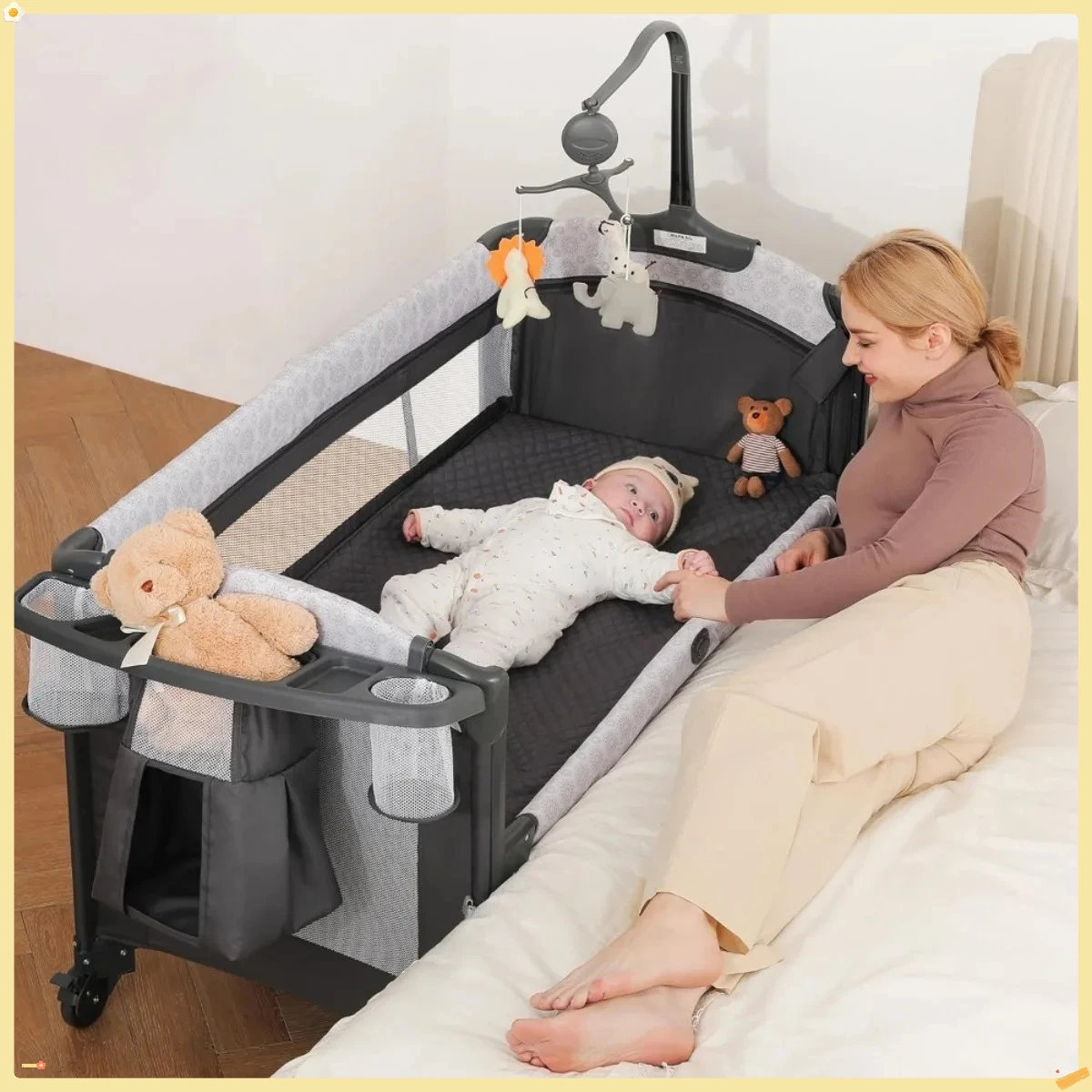 Cabeceira larga 4 em 1 para berço de bebê com trocador de fraldas, berço longo ao lado da cama com colchão, lençol, música e capa blackout