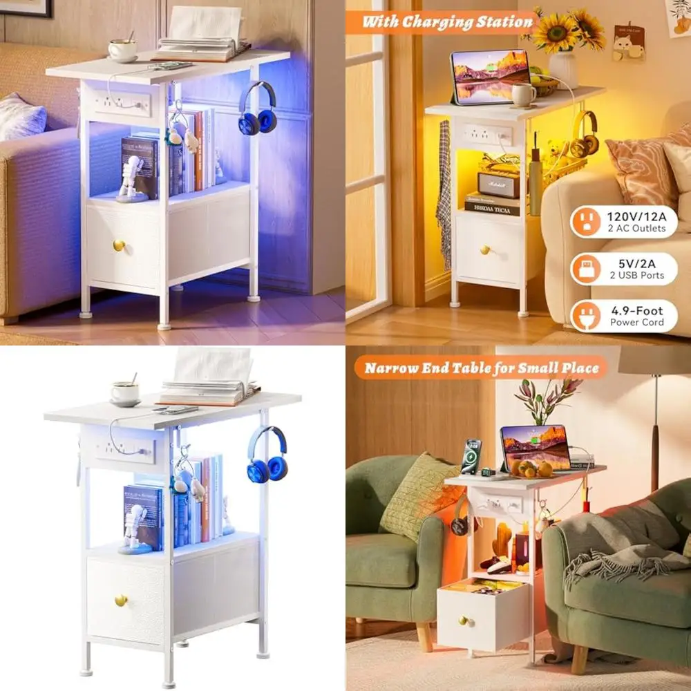 

Компактная прикроватная тумбочка для зарядной станции со светодиодной подсветкой и тканевыми ящиками для экономии места в спальне