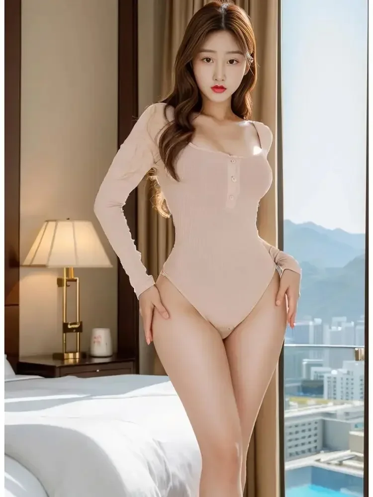 Body grande con cuello en U y botones en la entrepierna abierta, traje de baño de manga larga, medias, peluches sexis para el cuerpo, ropa para discoteca, camiseta, ropa de calle informal, Tops