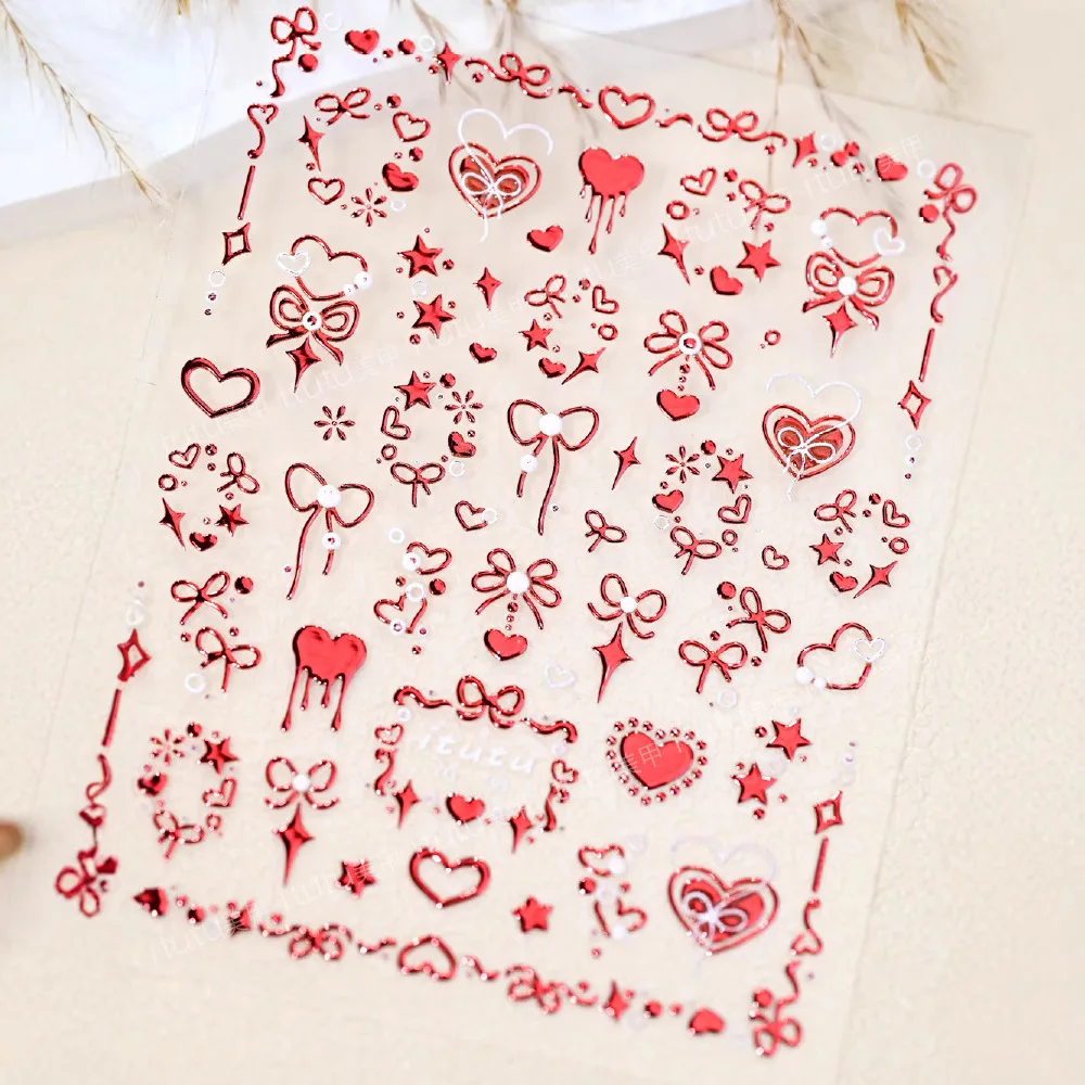 Autocollants pour ongles avec nœud bronzant doux, nœud Rose en forme de cœur en relief, autocollants en forme de cœur rouge argenté pour décoration de manucure à faire soi-même