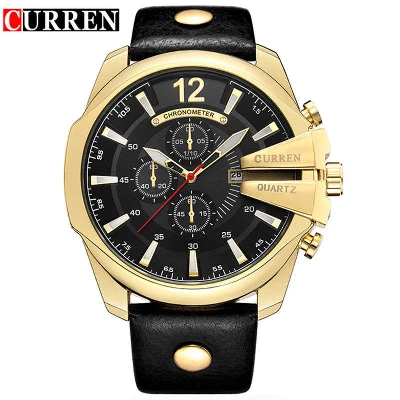 Curren 8176 Men Watches Top Brand Luxury Gold Male Watch Fashion Leather Strap Outdoor Casual Sport Wristwatch with Big Dial