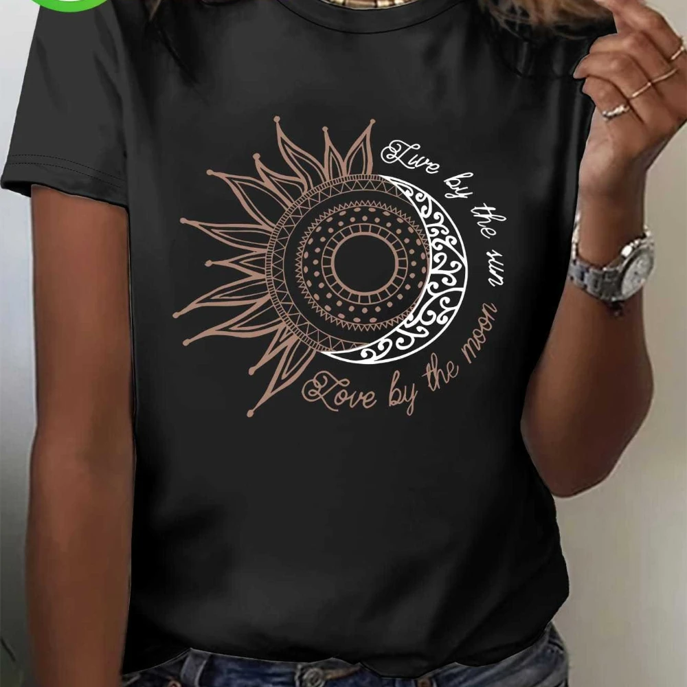 Dames casual T-shirt met korte mouwen en inspirerende zon en maan print ronde hals mode top dames T-shirts