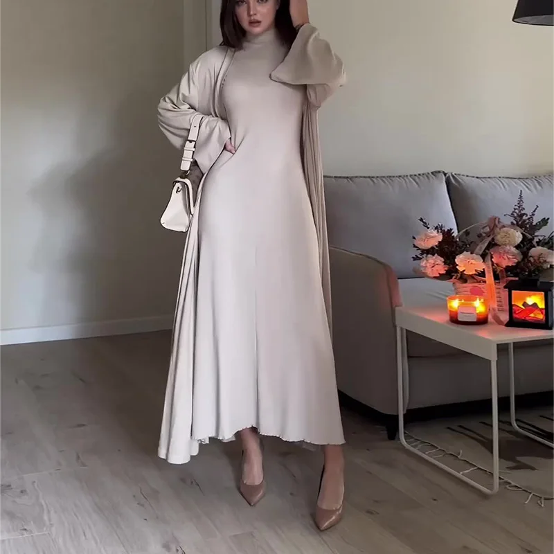 

Casual Solid Color Set Loose Long Sleeved Coat High Collar A-line Long Dress 2 Piece Set Autumn Fashion Commuting Women Clothing