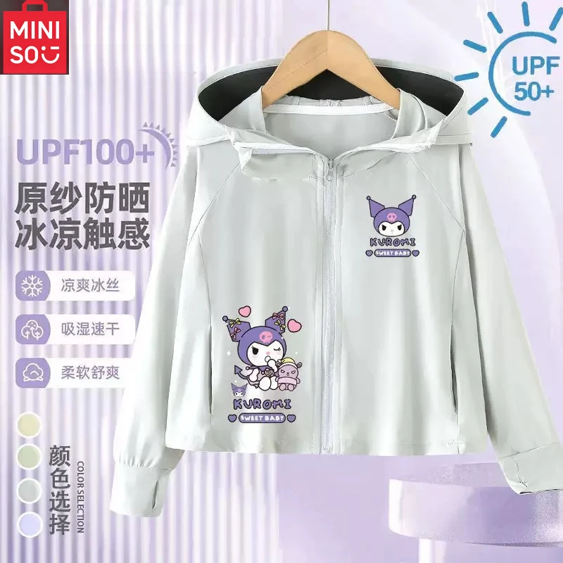 

Miniso Kuromi толстовка с капюшоном, солнцезащитный кардиган, одежда на лето и осень для мальчиков и девочек, тонкое солнцезащитное пальто, детская пляжная куртка, подарок на открытом воздухе