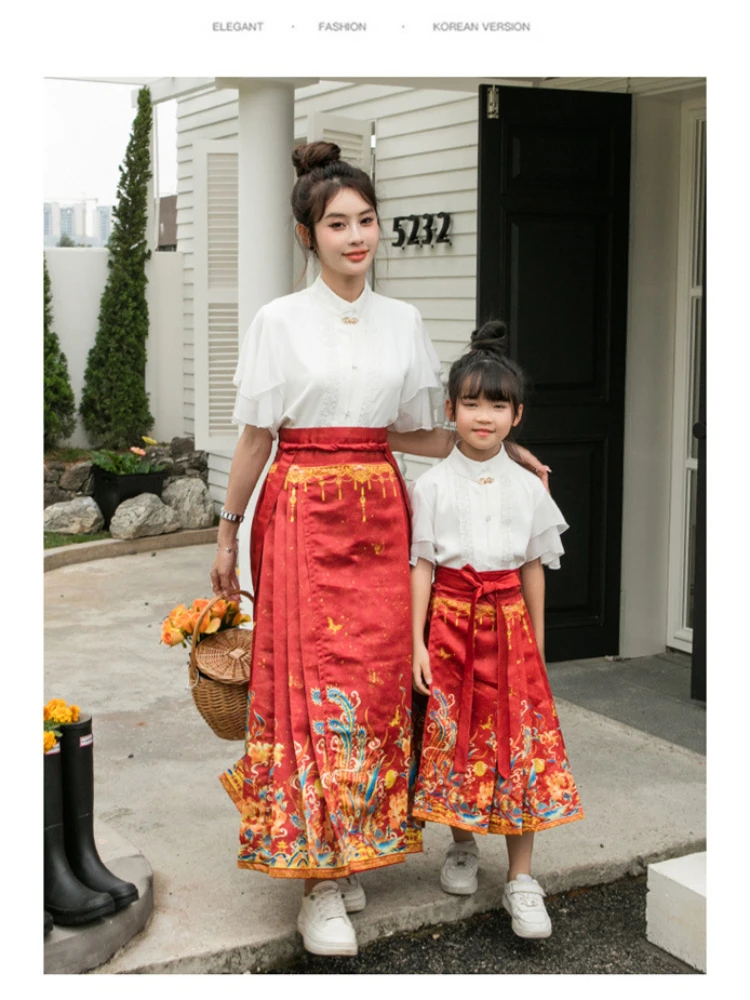 Moderne elegante Frauen Mädchen chinesische traditionelle orientalische Mode Kleidung Retro Mutter und Tochter Bluse Hanfu Pferde gesicht Rock Set