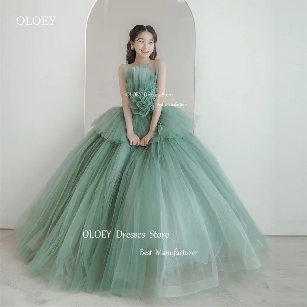 OLOEY-vestidos de novia de tul verde oscuro sin tirantes para sesión de fotos de Corea, Vestidos de Noche de princesa escalonados, corsé en la espalda para fiesta