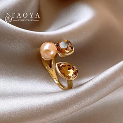 Luxury Geometry Crystal Champagne Pearl Metal Open Rings 2024 Fashion Jewelry Wedding Party Women's Exquisite Ring Accessories