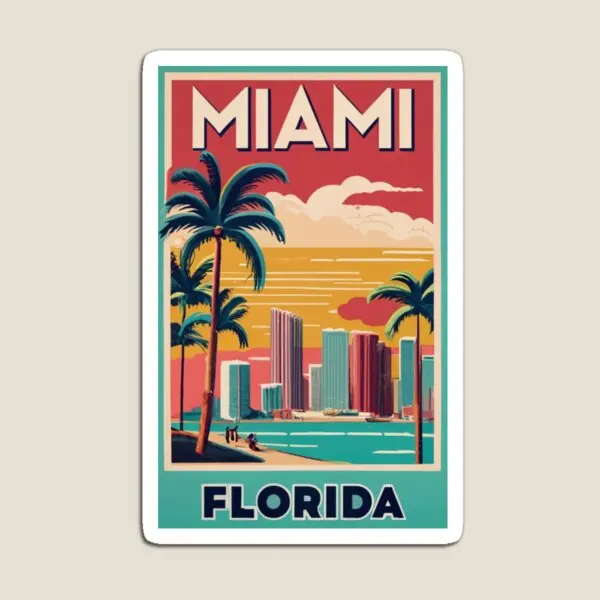 A Vintage Travel Poster Of Miami Flori Magnet Baby Holder Toy Children Refrigerator Home Magnetic Funny for Fridge Organizer
