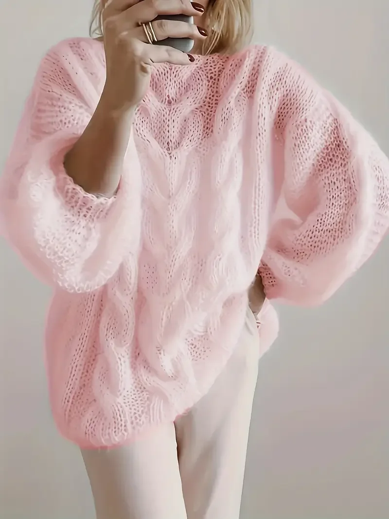 المرأة جولة الرقبة جوفاء كابل متماسكة غامض الملمس فضفاض سترة البلوز لينة مريحة شبه شفافة طويلة الأكمام مكتنزة K #1