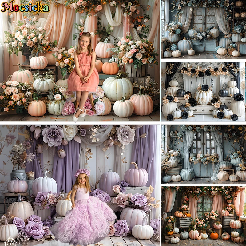 Mocsicka Photography Background Spring Pumpkin Floral Curtains Decor Baby Shower Adult Kids Portrait Backdrop Photo Studio