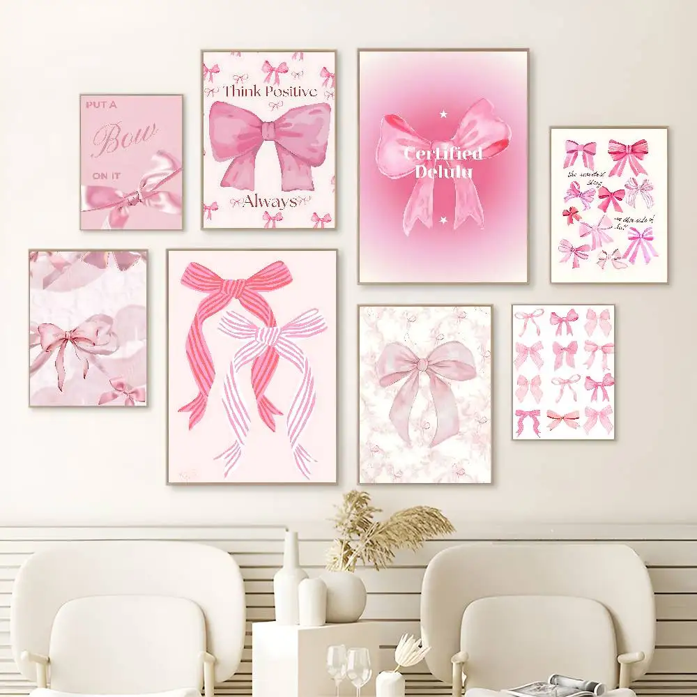 Cartoon Pink Bowknot DIY Sticky Poster Waterproof Paper Sticker Coffee House Bar Home Decor