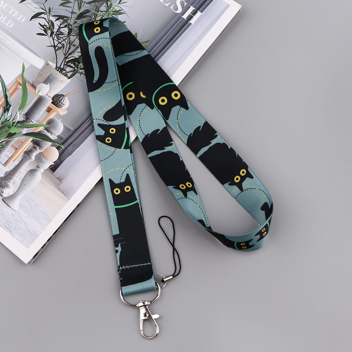 LX1293 Cartoon Black Cat Lanyard Keychain ID Credit Card Cover Pass Phone Charm Neck Straps Badge Holder Key Holder Accessories