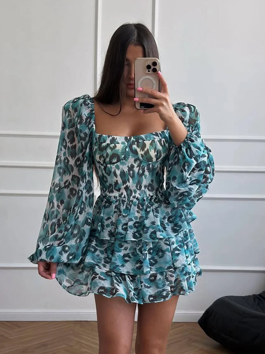 

Marthaqiqi Winter Women Nightwear Sexy Square Collar Pajamas Long Sleeve Nightwear Mini Dress Fashion Ladies Sleepwear Printing