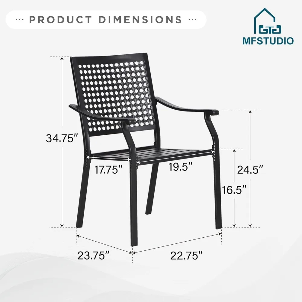 2 Piece Black Patio Dining Chairs,Stackable Outdoor Metal Mesh Chairs with Armest for Garden, Poolside, Backyard, Bistro, Suppo