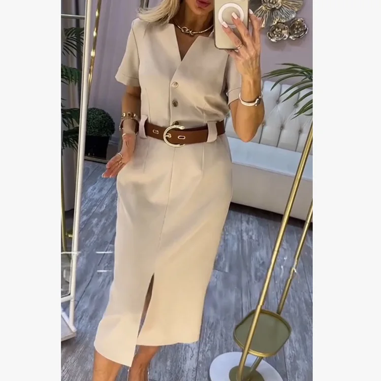 

Fashionable Casual Mid-Length V-Neck Straight Dress Women's Summer Dress Polyester Fiber Regular Sleeve A-Line Skirt