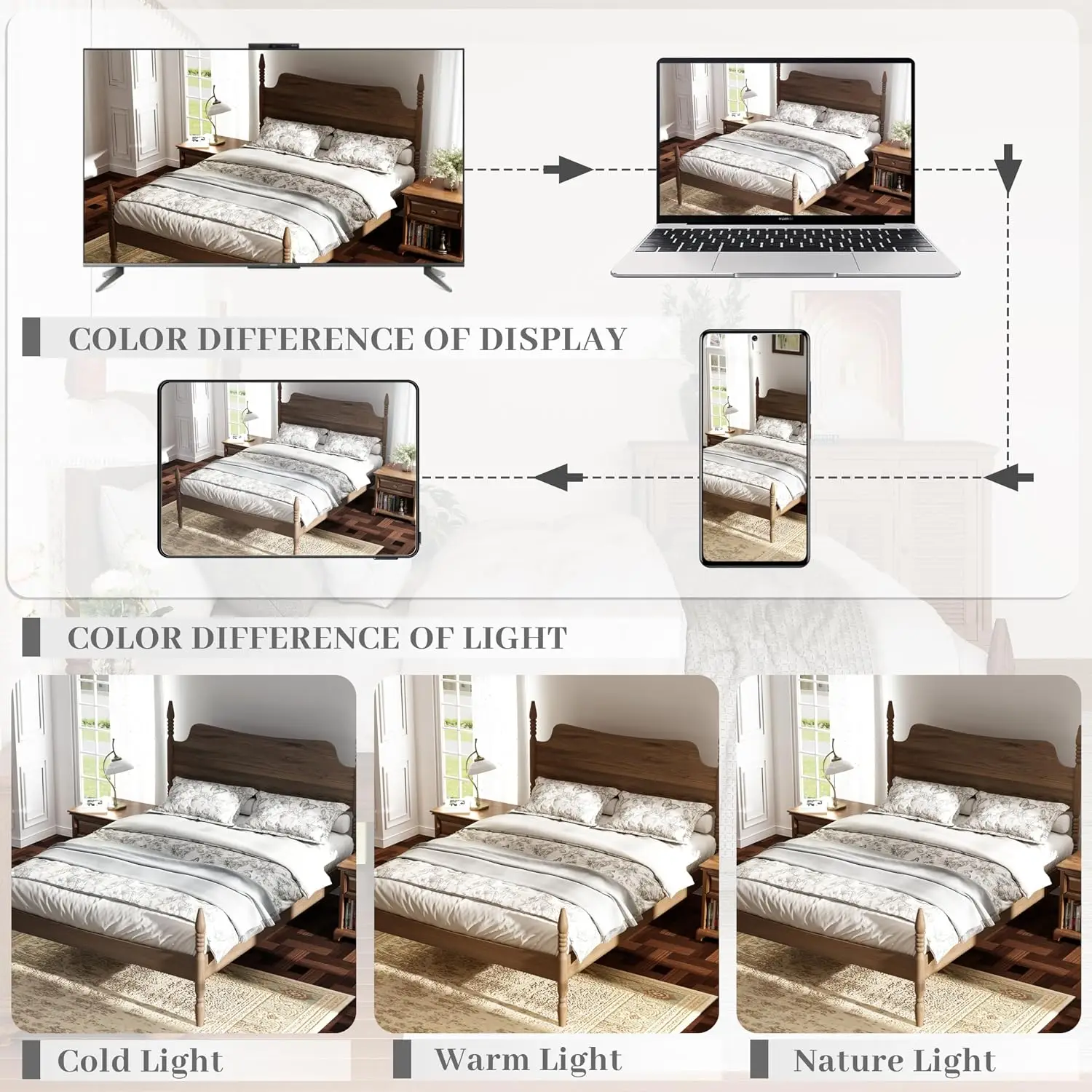 Vintage Platform Bed Frame with Curved Tall Headboard, Spindle Post Design, No Box Spring, 800lb Capacity, Walnut, Customized