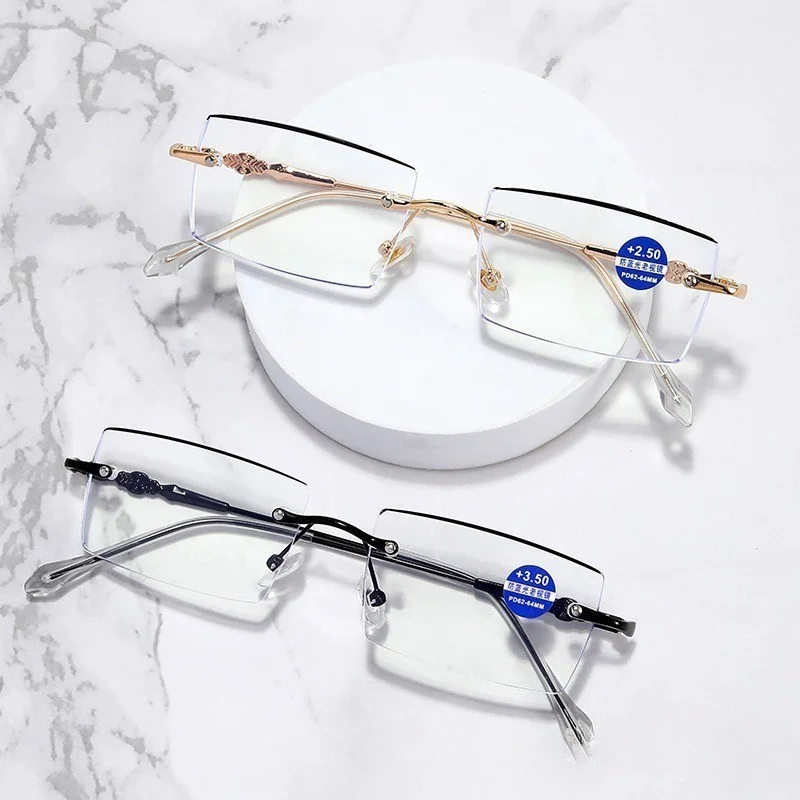 Modische Diamant-Anti-Blaulicht-Lesebrille für Damen und Herren, randlose Brille, Blaulichtblocker, Schutzbrille +1,0 bis +4,0