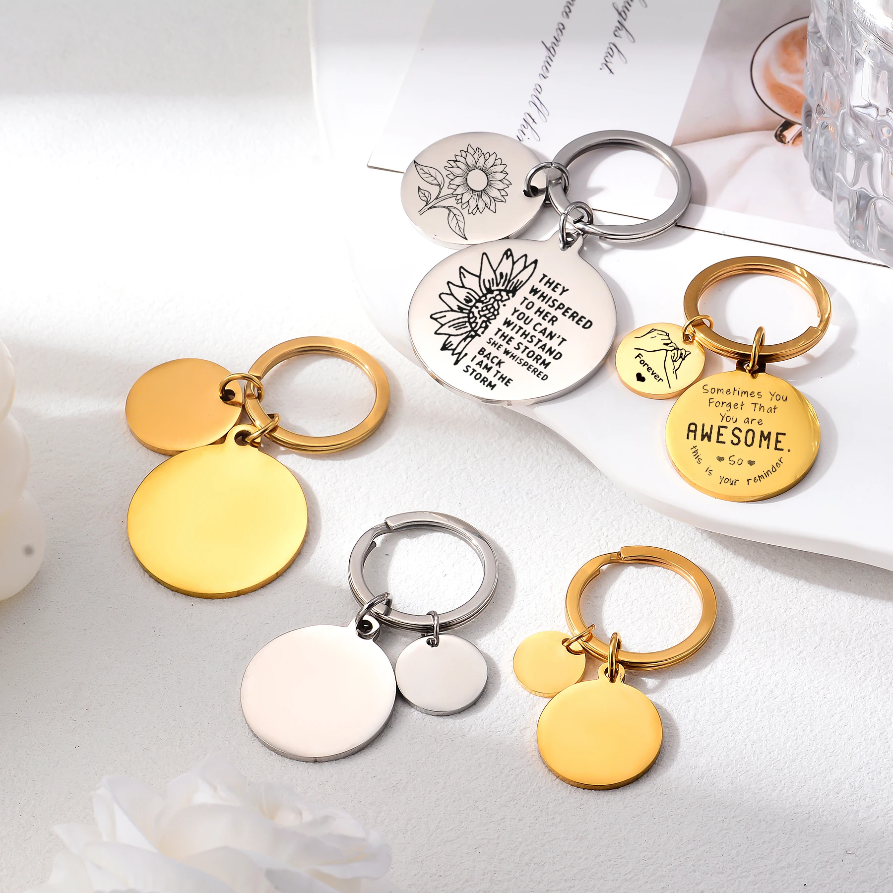 1Piece Polishing Round Keychain Engraved Text Name Logo Customized Stainless Steel Key Chain DIY Jewelry Gift for Women