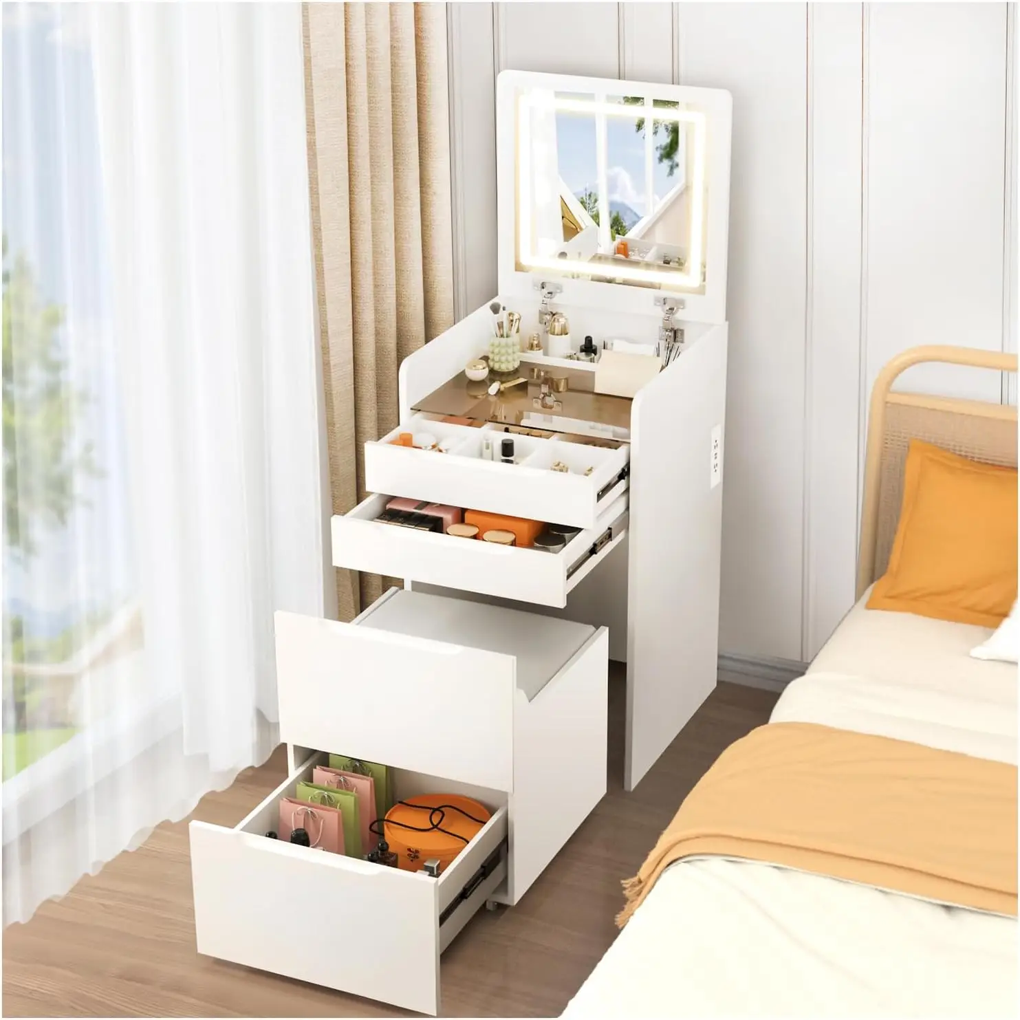 

3 in 1 Vanity Desk, Flip Top Vanity Set with Mirror and 3 Drawer, Small Makeup Vanity Table with Cushioned Stool & Power Outlet,