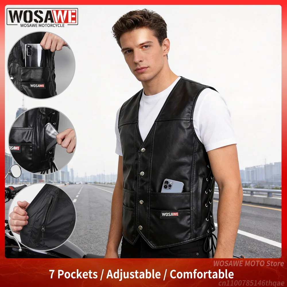WOSAWE Men Motorcycle Vest Black Leather Motorbike Gilet Fashion Casual Coat Multi Pocket Biker Vest Motocross Waistcoat