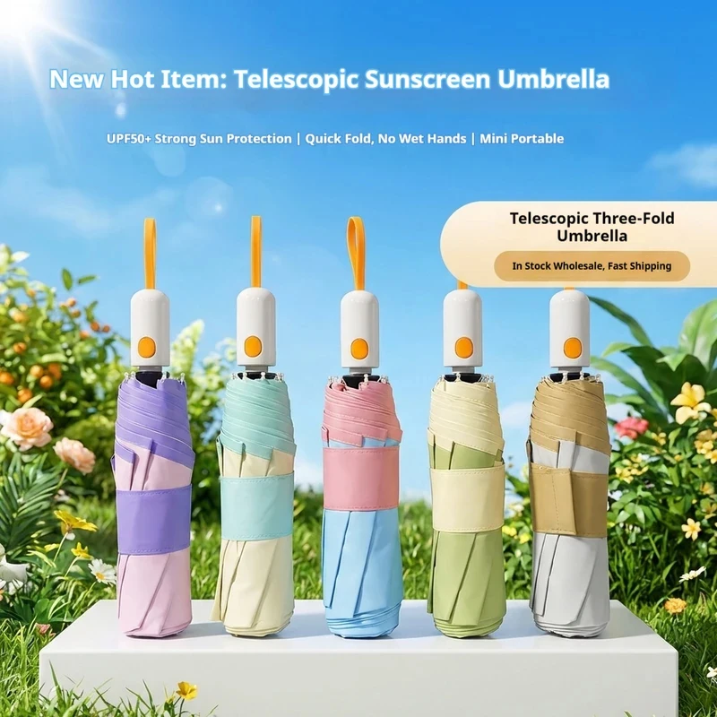 Safe Fully Auto Retractable Parasol 8 Ribs 3 Fold Color Glue UV Protection Dual Use Sun Rain Foldable Travel Umbrella For Women