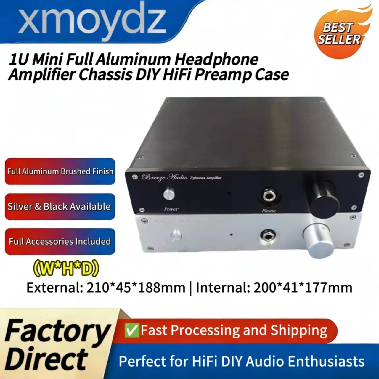 

210*45*188 мм 1U Мини Hi-Fi DIY Корпус усилителя из цельного алюминия, корпус предусилителя, матовое серебро/черный, аудио 200*41*177 мм