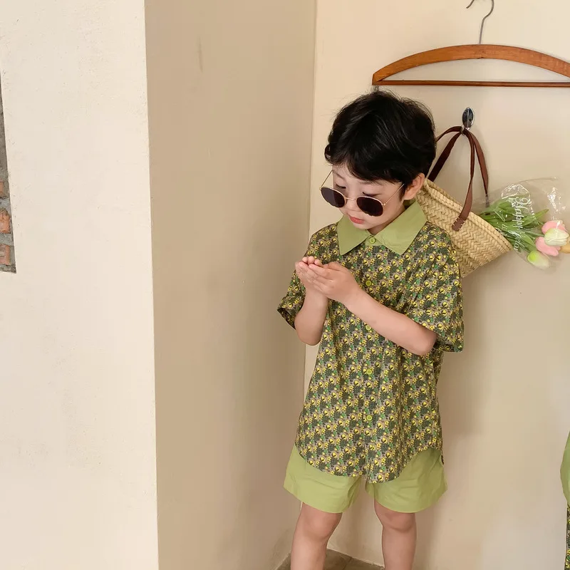 2024 Summer Boy Girl Matching Clothes Brother Sister Floral Short Sleeve Shorts 2pcs Suit Twins Siblings Outfits Children Sets